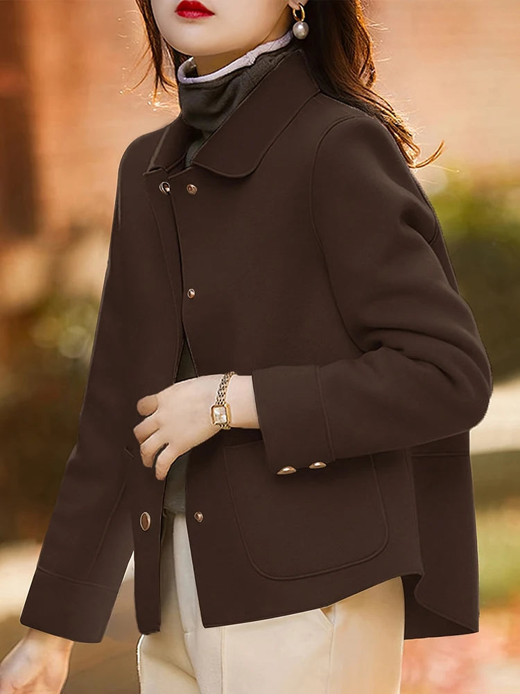 Women's Classic Short Woolen Coat – Button-Up Warm Autumn Winter Outerwear