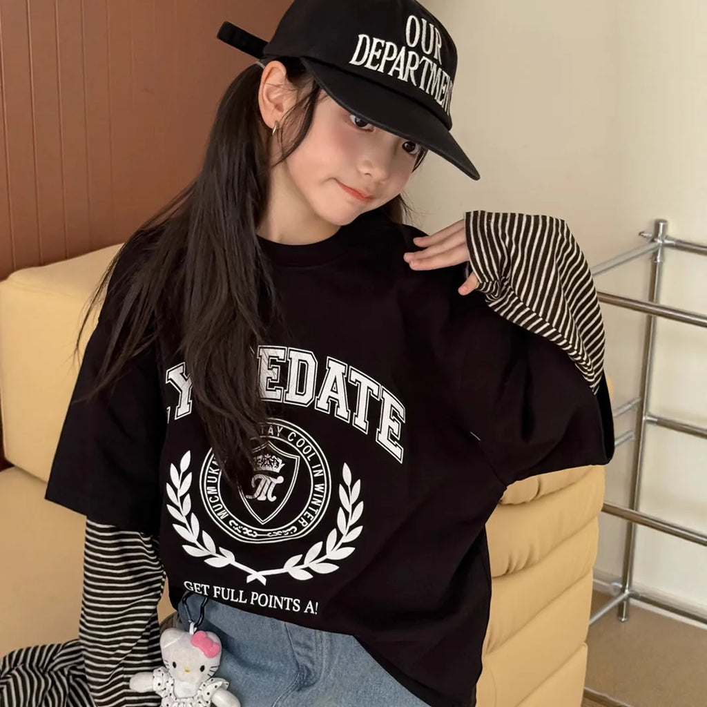 Kids Fake Two-Piece Striped Long Sleeve Top – Oversized Contrast Casual Shirt