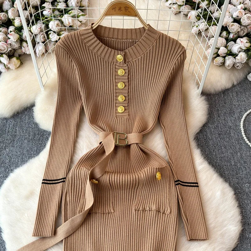 Bodycon Dress Women Dresses Vests Knitted Vestidos Streetwear High Waist Belt Elegant Y2k Work Party Club Spring Autumn Belt