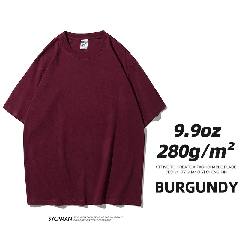 Sypcman Men's Oversized T-Shirt 9.9oz 280 Grams Heavy High Quality Short Sleeve Cotton Tee Solid Color Unisex Streetwear