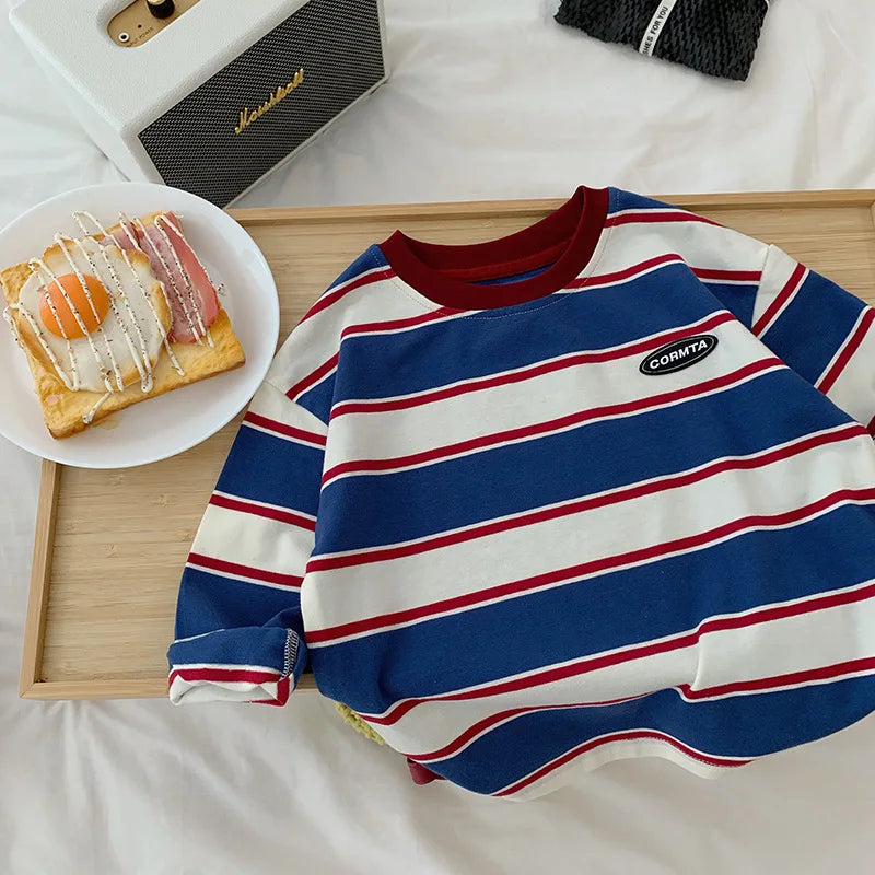Kids Striped Cotton Long Sleeve Hoodie Top – Casual Base Shirt Ages 2–7