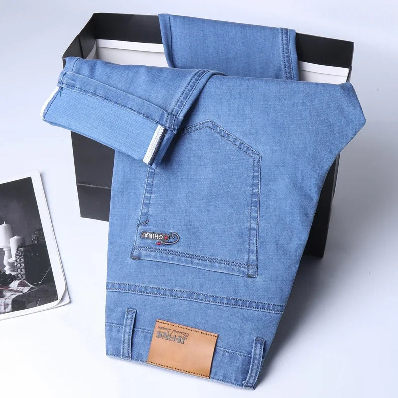 Men's Ice Silk Thin Straight Denim Jeans – Lightweight Business Casual Trousers