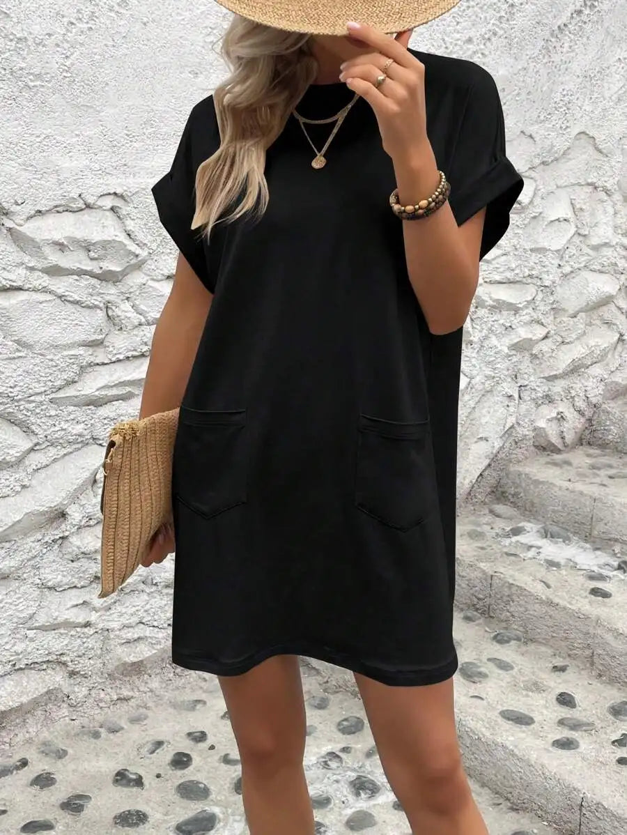 Beige Solid Batwing Sleeve Loose Mini Dress for Casual Summer Wear