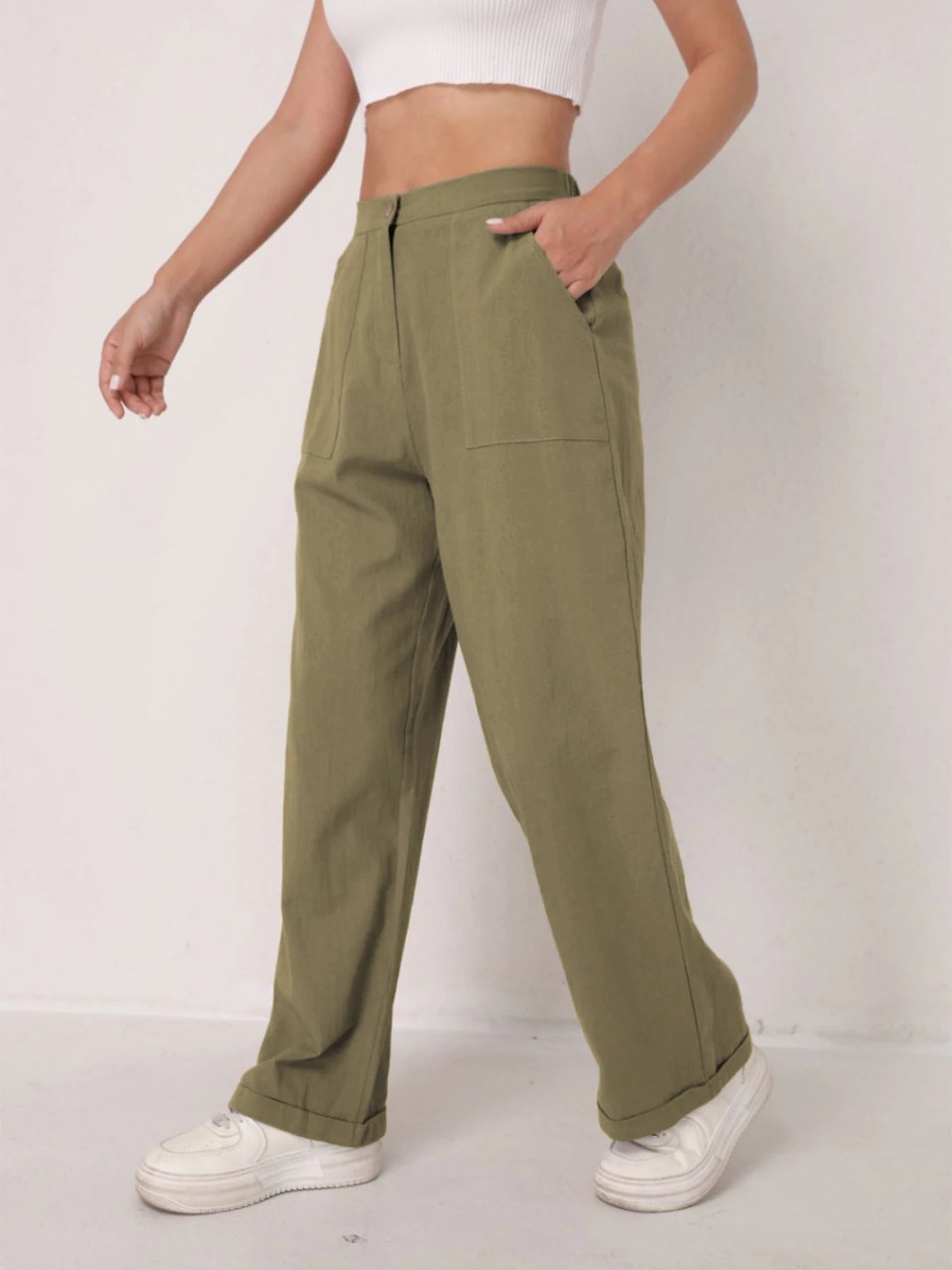 Women's Elegant Linen Wide Leg Slimming Pants – High Waist Drapey Casual Summer Trousers