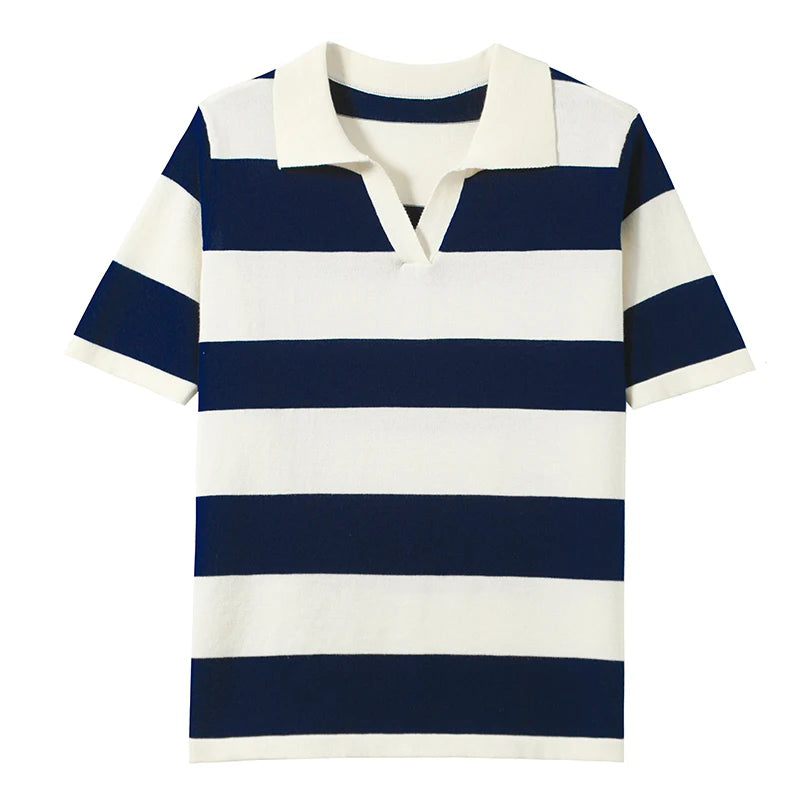 Women's Solid Polo Shirt – Half Sleeve Cotton Striped Casual Knit T-Shirt