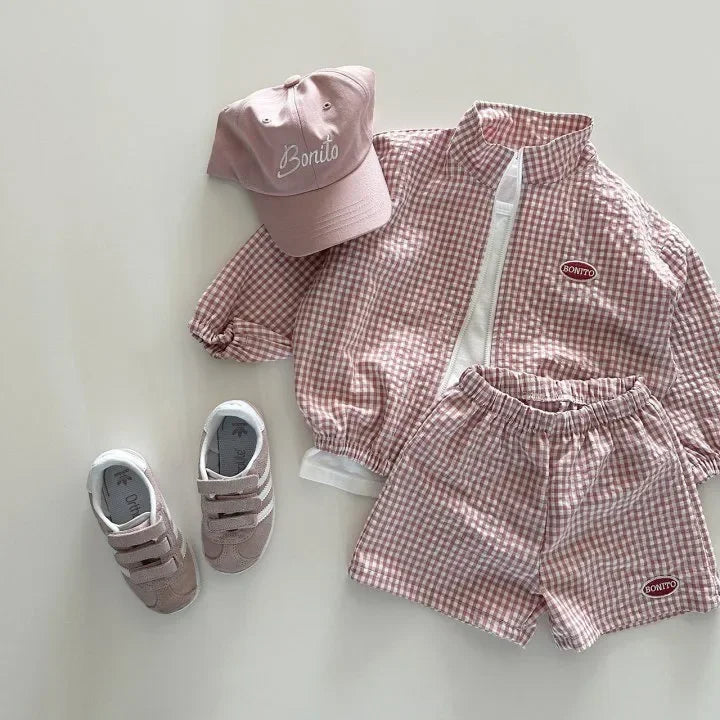 Boys Korean Plaid Sun Coat & Shorts Set – Long Sleeve Zipper 2-Piece Summer Outfit
