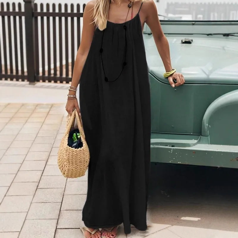 Women's Loose Spaghetti Strap Casual Summer Dress – Solid Color Vacation Homewear