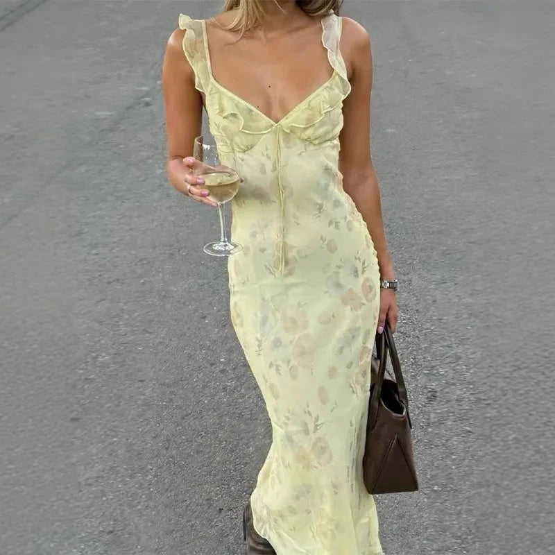 Summer Flower Printed Women's Sexy Low-cut Dress Sleeveless Backless Slim Sling Dresses 2025 Beach Vacation Lady Vestidos