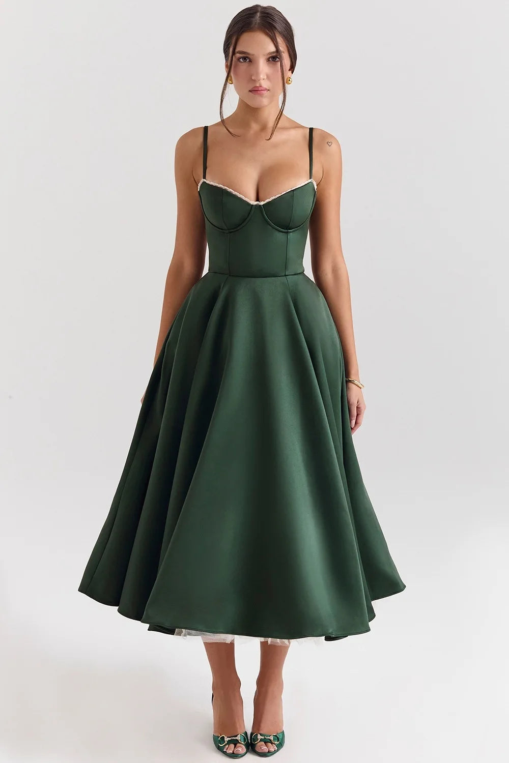 Women's Satin Strapless French Midi Dress – High-End Waist Strap Sexy Elegant Gown