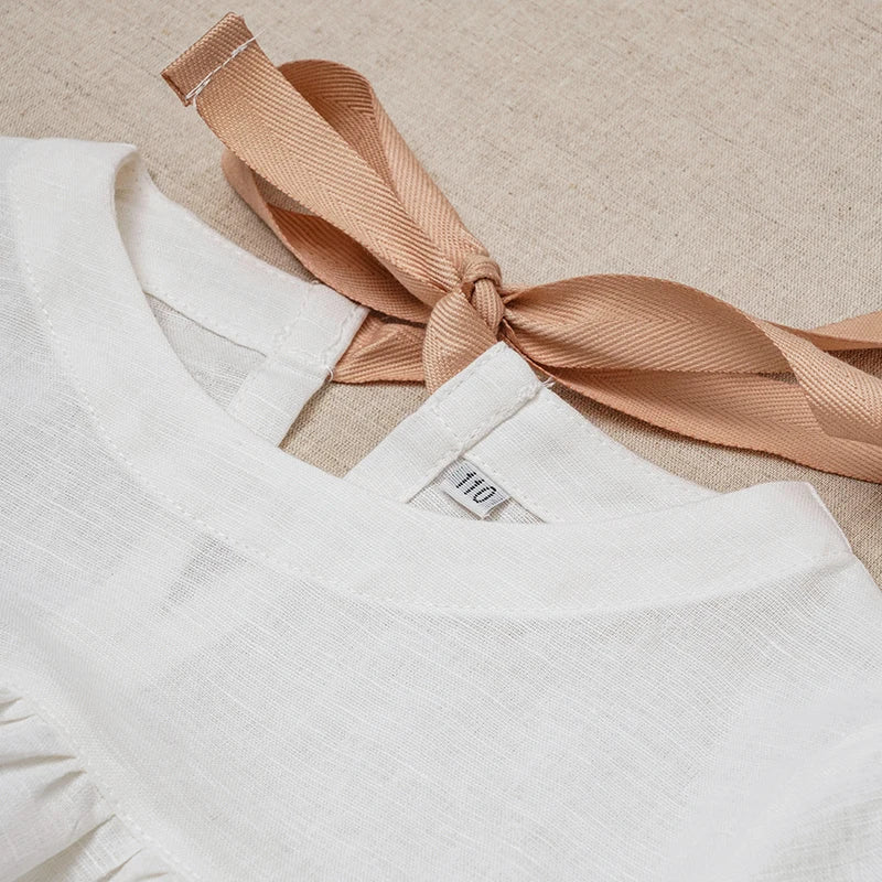 Girls Back Bow Tie Linen Long Sleeve Blouse – Solid Casual Loose Autumn Top