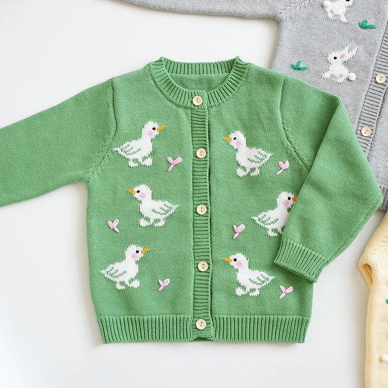 Kids Cartoon Print Knit Cardigan Coat – Casual Long Sleeve Sweater Jacket