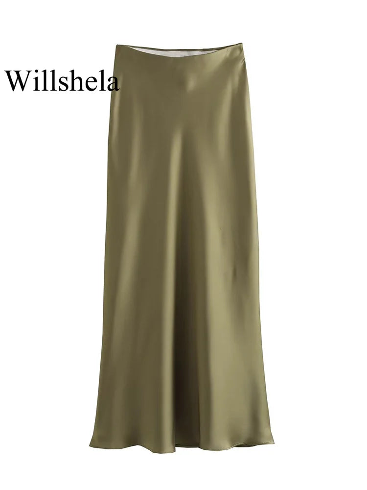 Women's Black Satin High Waist Midi Skirt – Elegant Office Summer Skirt