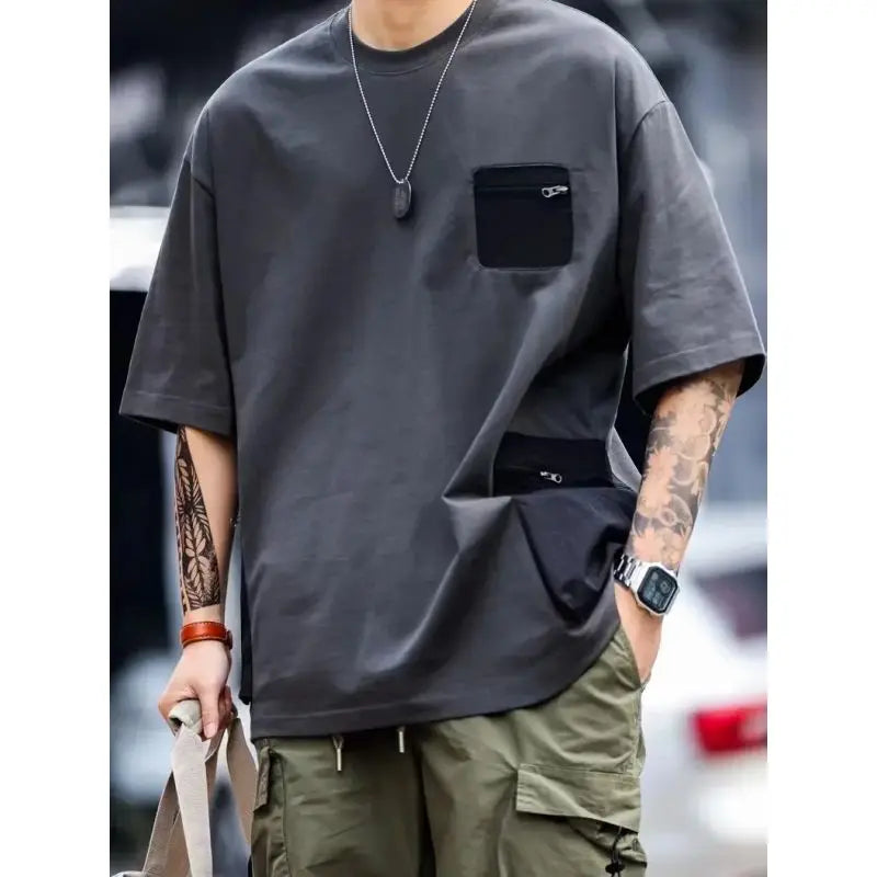 Pockets Contrast Zipper Patchwork Plus Size Casual Tops Men's Summer New Short Sleeve Loose Vintage T Shirts Fashion Men Clothes