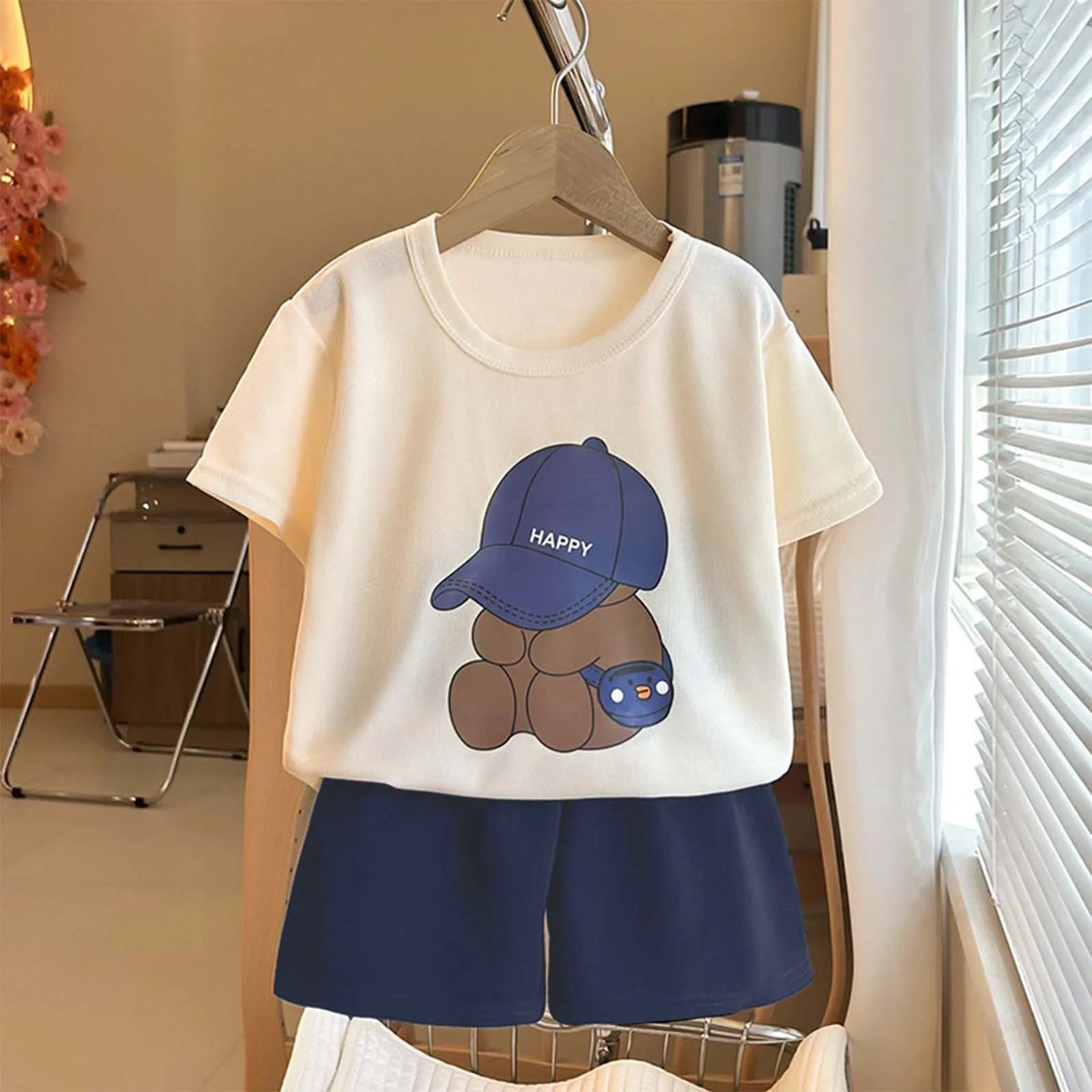 Boys Bear Print Short Sleeve T-Shirt & Shorts Set – Cotton 2-Piece Casual Outfit