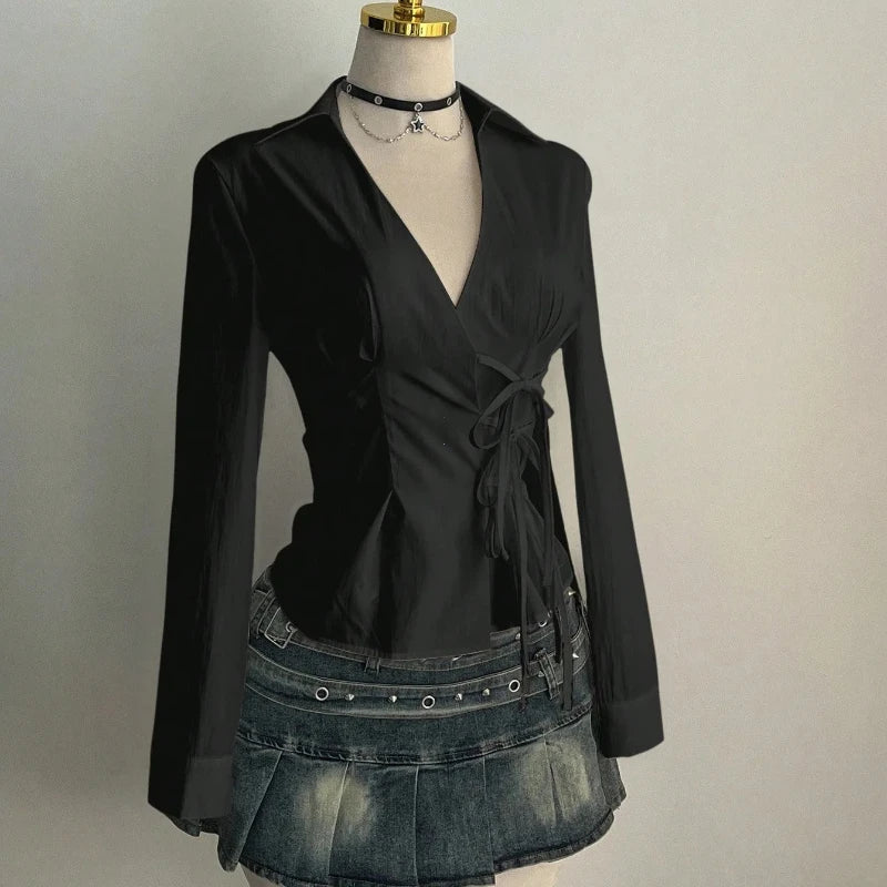Harajuku Women's Shirt Unique Aesthetic Solid Color Slim Fit Sexy Y2K Girls Tie-Waist Gothic Street Style Casual V-Neck Tops