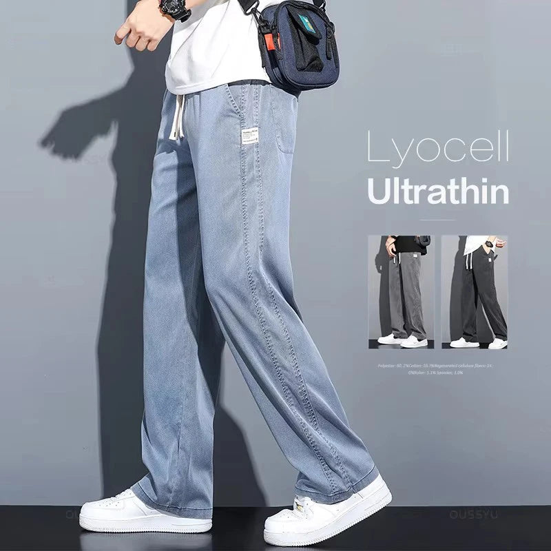 Men's Lyocell Fabric Loose Straight Jeans – Thin Drawstring Elastic Waist Trousers Plus Size