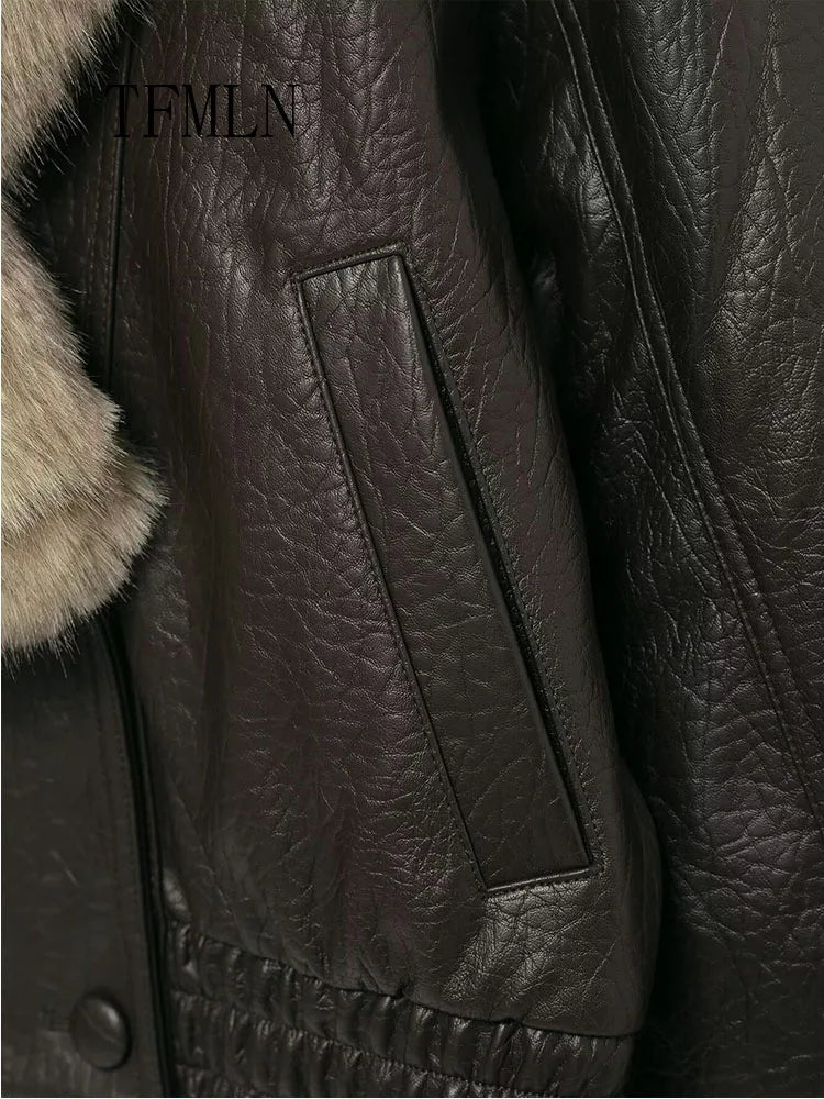 Women's Faux Leather Jacket – Removable Fur Collar Double-Breasted Casual Coat