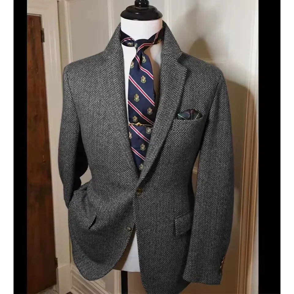 Men's Herringbone Tweed Blazer – Vintage British Slim Fit Wool Blend Suit Jacket
