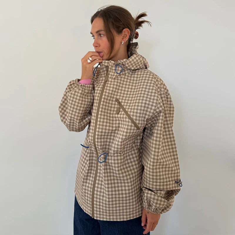 Causal Long Sleeved Grid  Female Jacket Drawstring Tight Loose Women's Trench Collar Fashion Single Breasted Pocket Outerwear