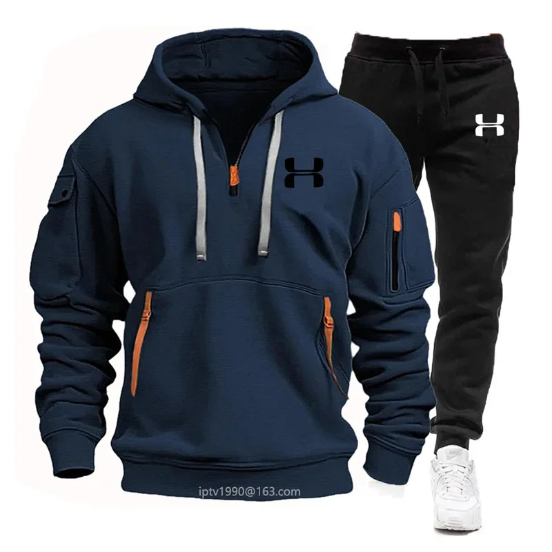 Men's Multi-Pocket Hoodie & Jogger Pants Set – 2-Piece Fitness Tracksuit