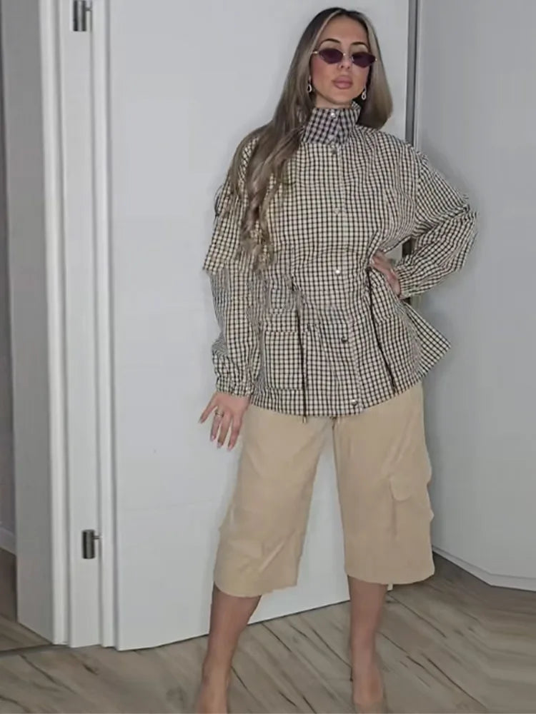 Causal Long Sleeved Grid  Female Jacket Drawstring Tight Loose Women's Trench Collar Fashion Single Breasted Pocket Outerwear