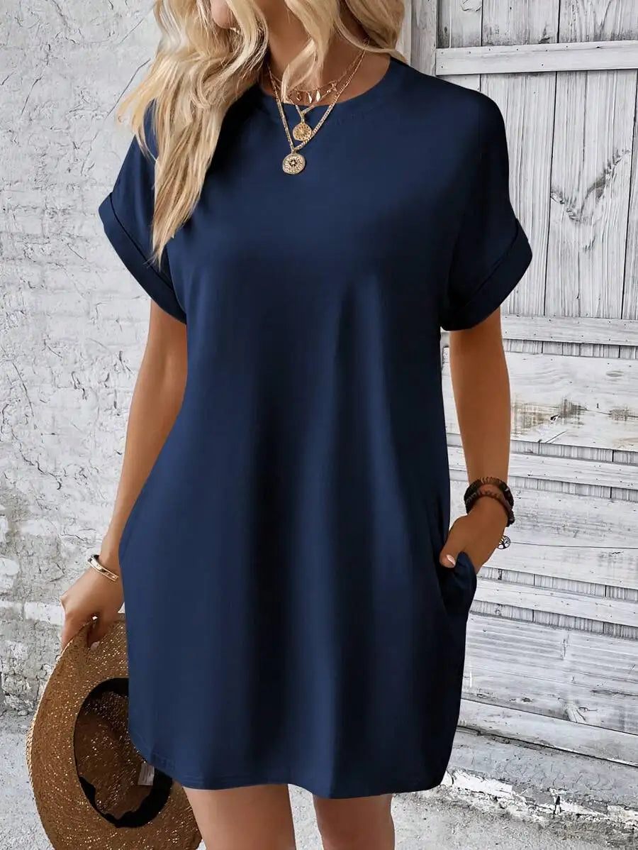 Beige Solid Batwing Sleeve Loose Mini Dress for Casual Summer Wear