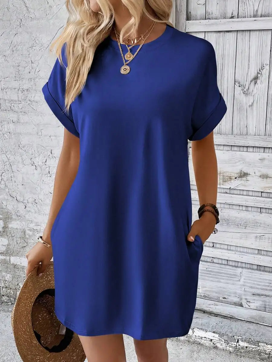 Beige Solid Batwing Sleeve Loose Mini Dress for Casual Summer Wear