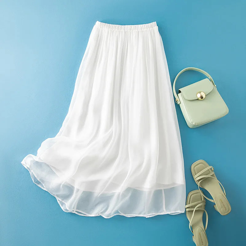 Women's 100% Real Silk Midi Skirt – Elegant French Temperament Fairy Commute Skirt