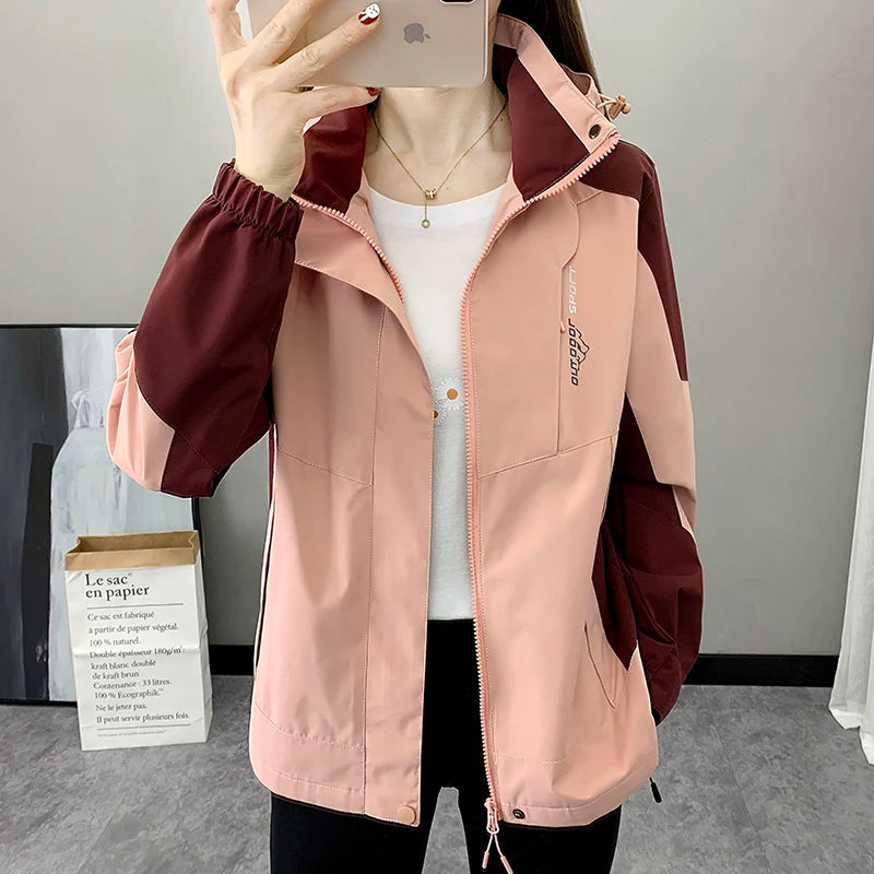 Women's Waterproof Hooded Hiking Windbreaker – Patchwork Sports Outdoor Raincoat