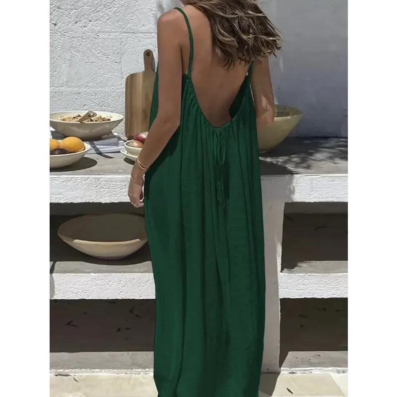 Women's Loose Spaghetti Strap Casual Summer Dress – Solid Color Vacation Homewear
