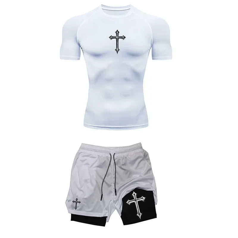 Fashionable printed breathable compression sportswear men's training two-piece set tight T-shirt shorts gym workout set