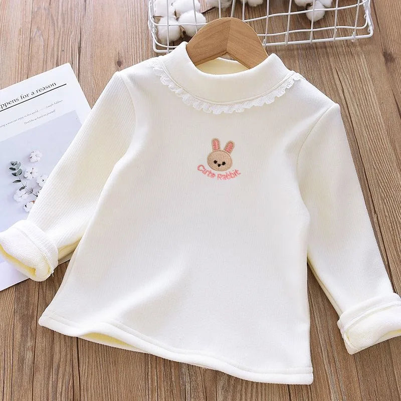 Girls Rabbit Embroidery Velvet Long Sleeve Top – Warm Half-High Collar Base Shirt