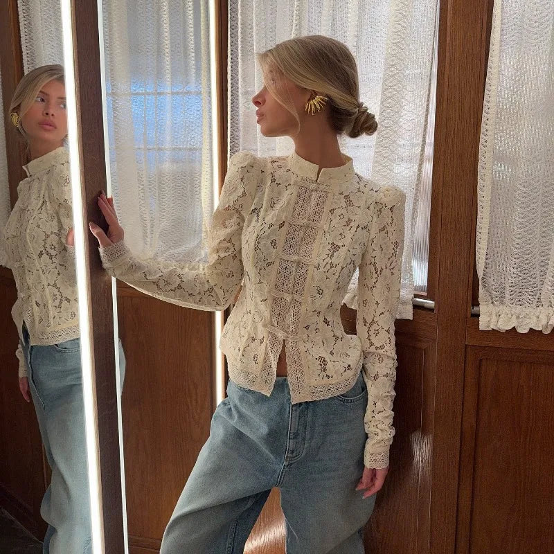 Elegant Embroidery Puff Sleeve White Shirts Summer Sexy Hollow Out Lace Blouse Casual Sand Collar Top 2025 Vintage Shirts