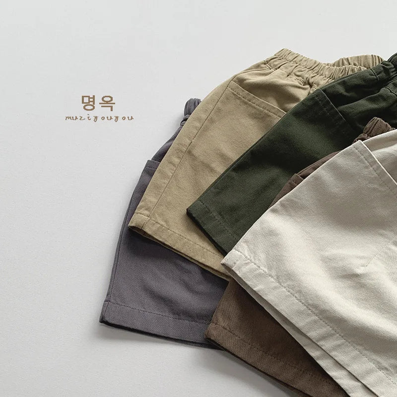 2026 Summer New Children Loose Shorts Solid Vintage Girls Casual Shorts Baby Boys Versatile Pocket Short Pants Kids Clothes