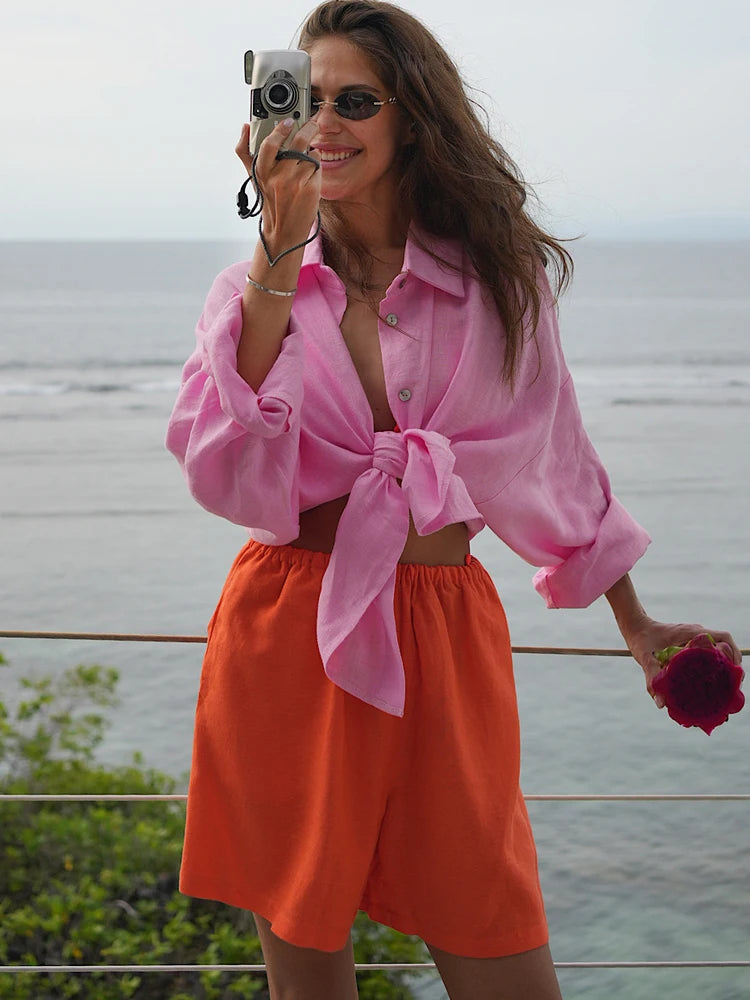 White Women's Linen Shirt Long Sleeve Elegant Pink Oversize Blouse Vintage Spring Basic Top Collar Cotton Linen Shirt for Women