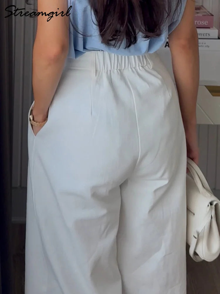 Women's White Cotton High Waist Wide Leg Office Pants – Formal Straight Leg Trousers