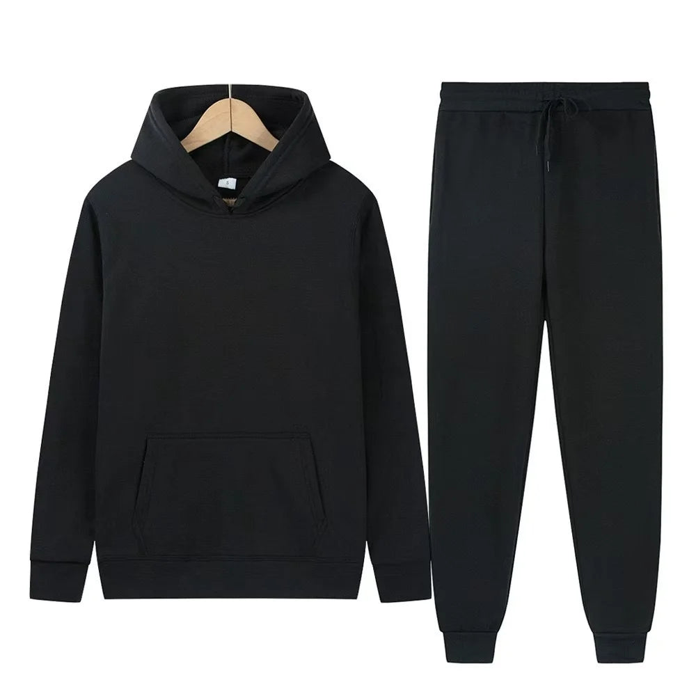 Men's Solid Color Hoodie & Pants 2-Piece Set – Casual Sports Tracksuit