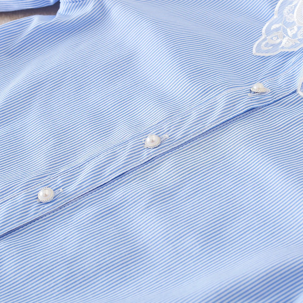 Girls Blue Striped Lace Collar Long Sleeve Shirt – 100% Cotton Blouse Ages 5–12