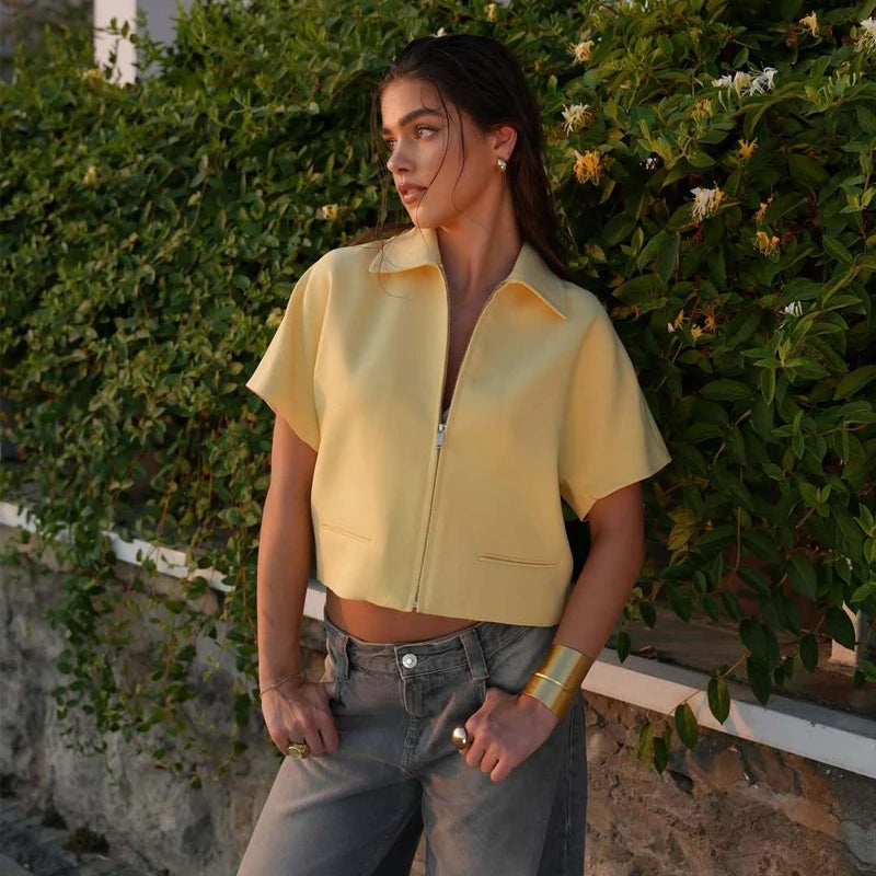 Women's Cropped Short Sleeve Varsity Jacket – Zip-Up Summer Outerwear