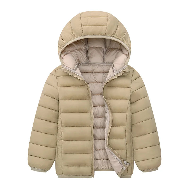 Kids Hooded Down Coat – Solid Warm Zipper Outerwear Ages 3–14