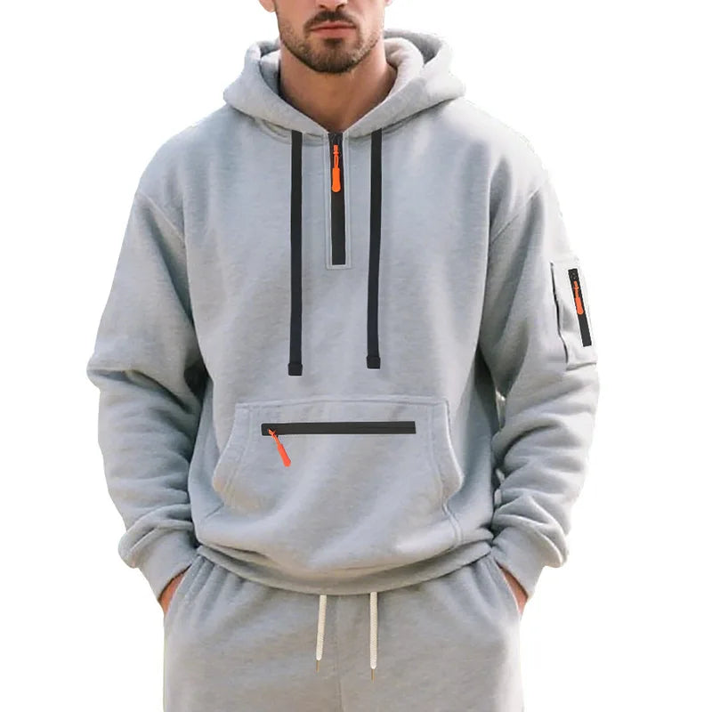 Men's Fleece-Lined Hooded Sweatshirt Set Sporty Casual Trendy Brand Solid Color Sweatpants Autumn Winter 2025