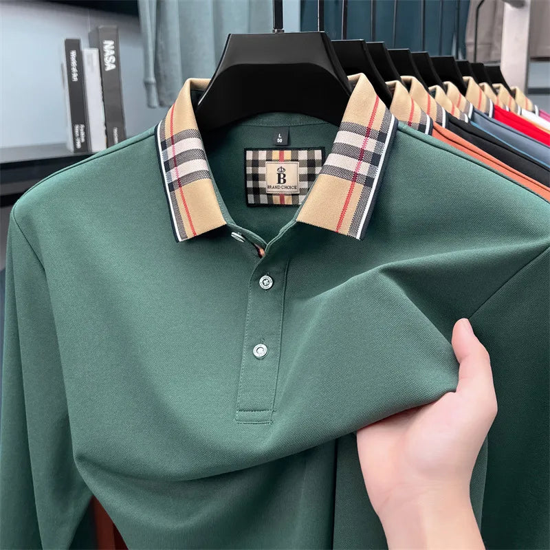 Luxury brand long sleeve polo shirt men comfortable casual autumn item silk cotton high-end Korean fashion plaid lapel T-shirt