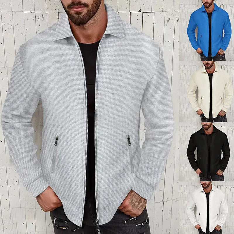 Men's Waffle Texture Long Sleeve Zipper Jacket – Casual Autumn Coat