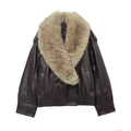 Women's Faux Leather Jacket – Removable Fur Collar Double-Breasted Casual Coat