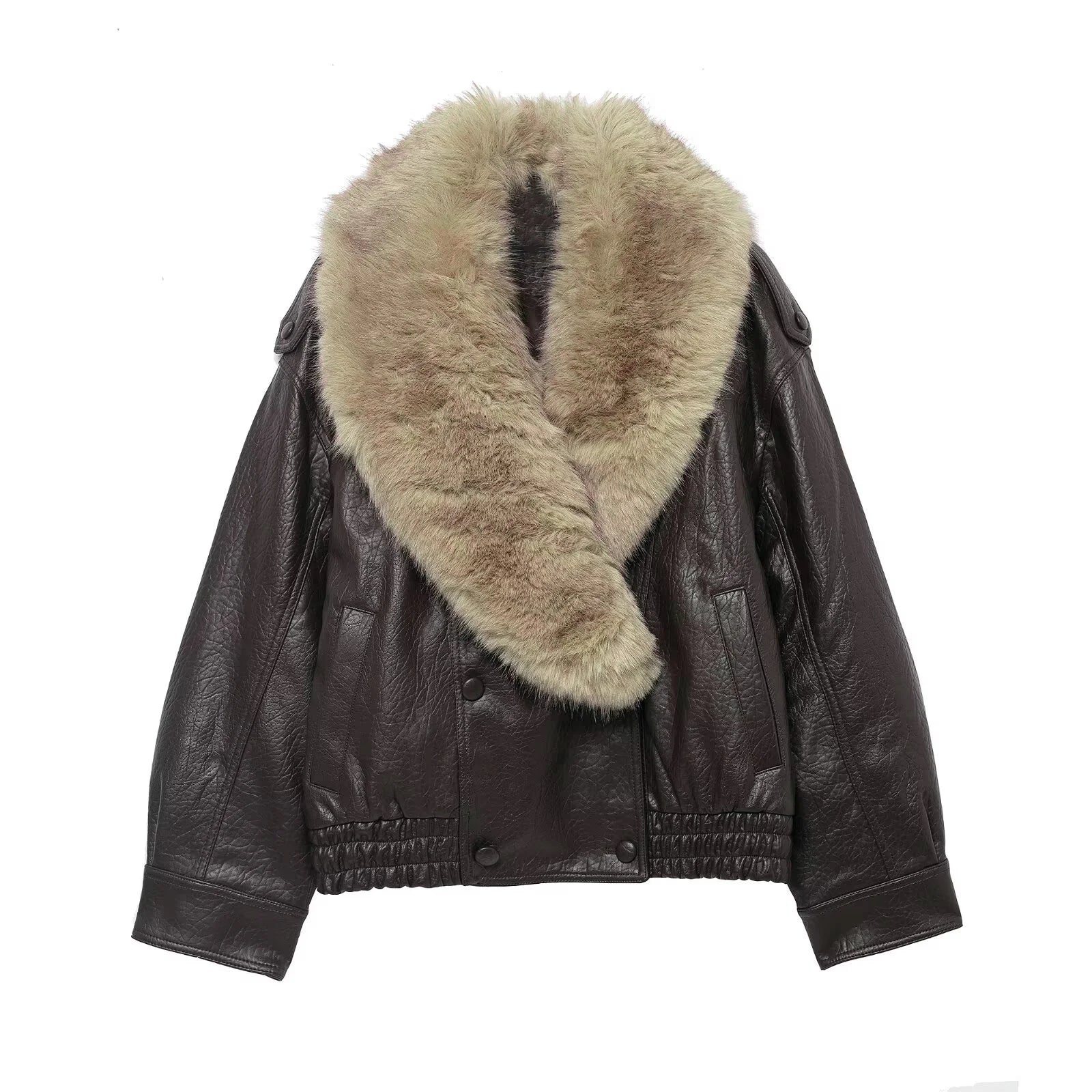 Women's Faux Leather Jacket – Removable Fur Collar Double-Breasted Casual Coat