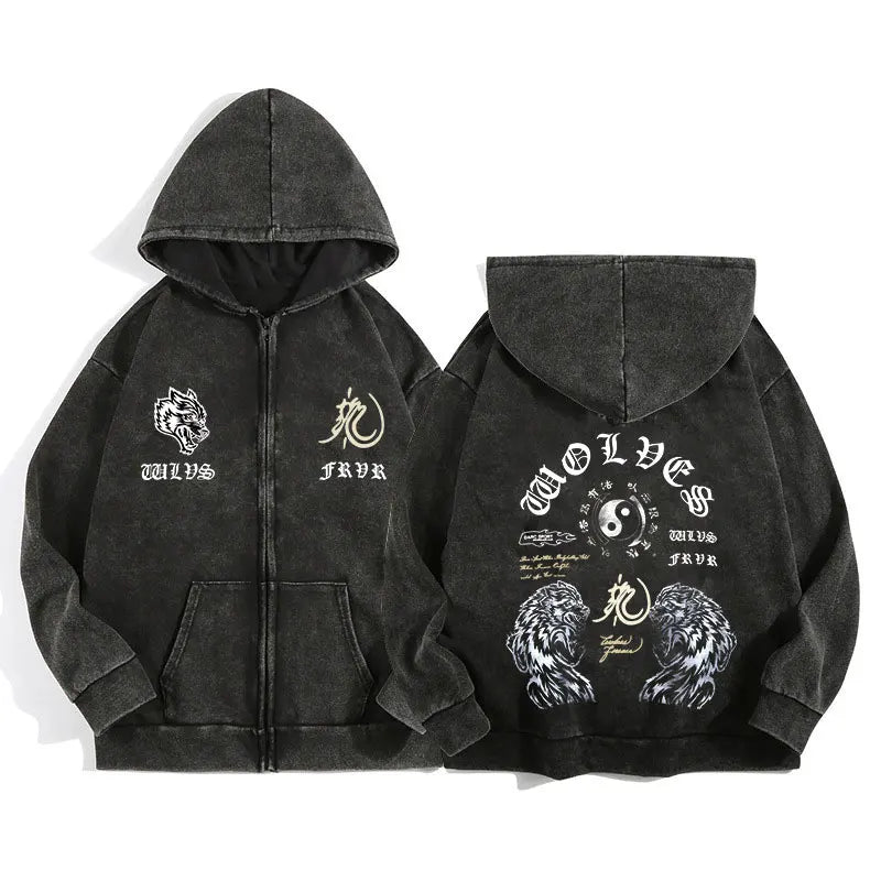 Darc Wolves Gothic Harajuku Zip Hoodie Jacket – Cotton Print Manga Sweatshirt