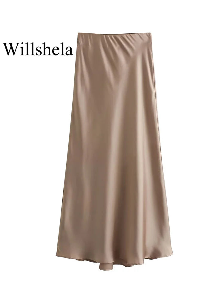 Women's Black Satin High Waist Midi Skirt – Elegant Office Summer Skirt