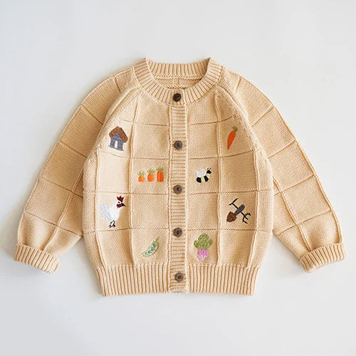 Kids Cartoon Print Knit Cardigan Coat – Casual Long Sleeve Sweater Jacket