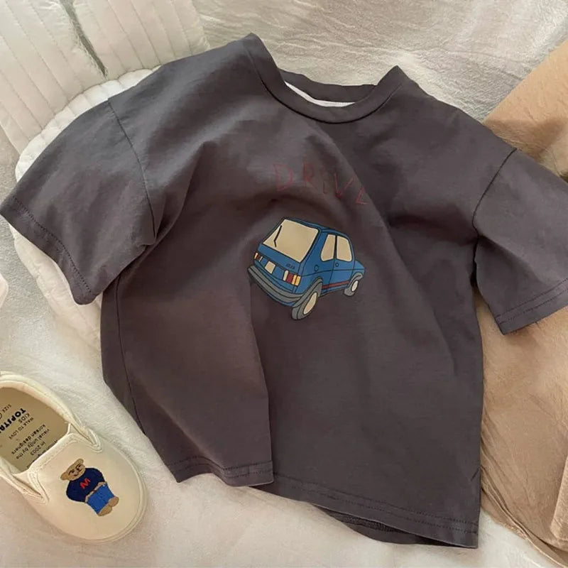 Boys Cartoon Car Short Sleeve T-Shirt – Unisex Cotton Summer Tee
