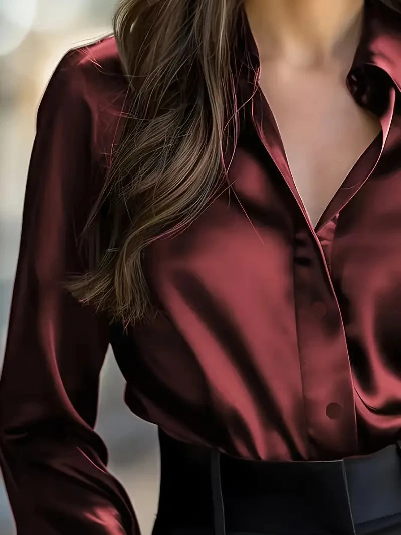 Women's Elegant Satin Long Sleeve Blouse – Button-Up Collar Casual Professional Shirt